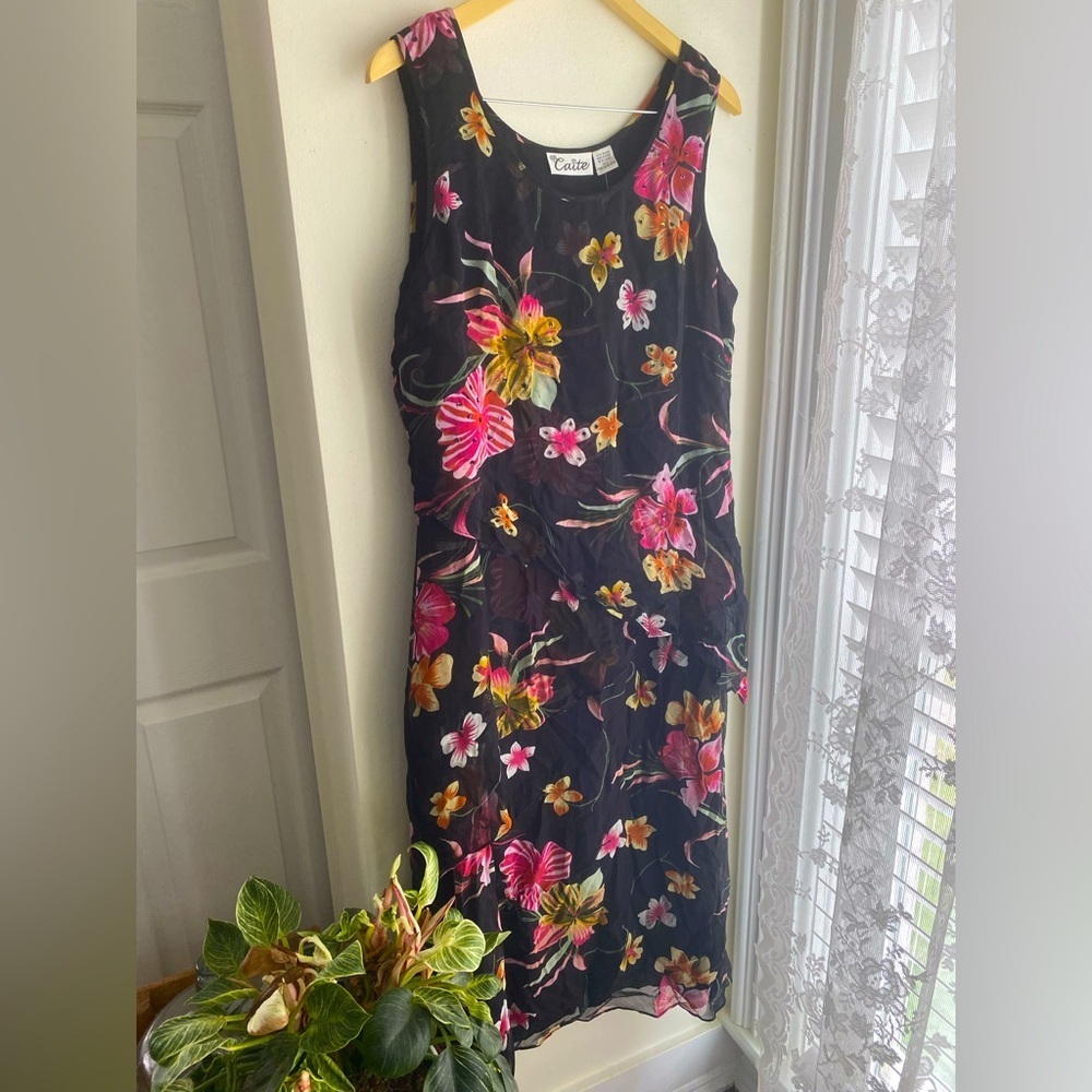 NWT Caite Floral Pink Black Sheath Midi Dress Sleeveless Layered Ruffle Tropical